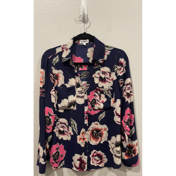 EXPRESS Navy Floral Long Sleeve Blouse - Picture 2 of 5